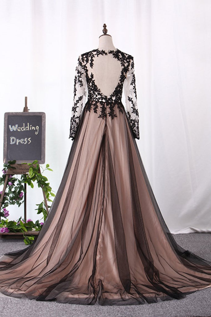 Scoop Long Sleeves A Line Evening Dresses Tulle With Applique And Slit