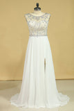 Plus Size A-Line Bateau Sweep Train Chiffon&Lace Prom Dresses With Slit White