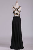 Black Open Back Two Pieces Sheath Prom Dresses Spandex With Beads And Slit