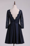 3/4 Length Sleeve Bridesmaid Dresses A Line Bateau Satin & Lace Open Back Black