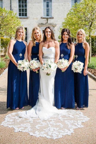 Charming Halter Neck Blue Pleated Long Bridesmaid Dresses, Wedding Party Dresses SJS15099
