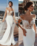 Stunning Mermaid Cap Sleeve Sheer Neck Long Wedding Dresses Beach Wedding Gowns SJS15437