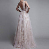 Long Sexy Deep V-Neck Tulle Lace Appliques Floor-Length A-Line Party Prom Dress JS122