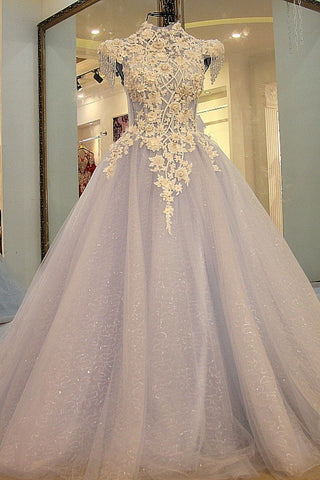 High Neck A Line Floor Length Wedding Dresses Lace Up With Pears Sequins Handmade Flowers