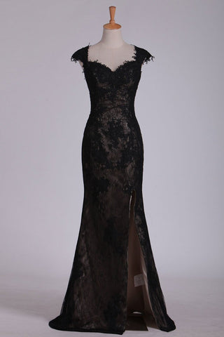 Black Off The Shoulder Sheath Prom Dresses Lace&Tulle Floor Length With Applique & Slit