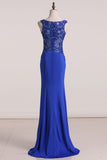 New Arrival Spaghetti Straps Column Prom Dresses With Beading And Applique Spandex