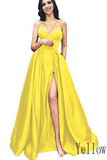 A line Split V Neck Burgundy Prom Dresses with Pockets Spaghetti Straps Prom Dress JS593