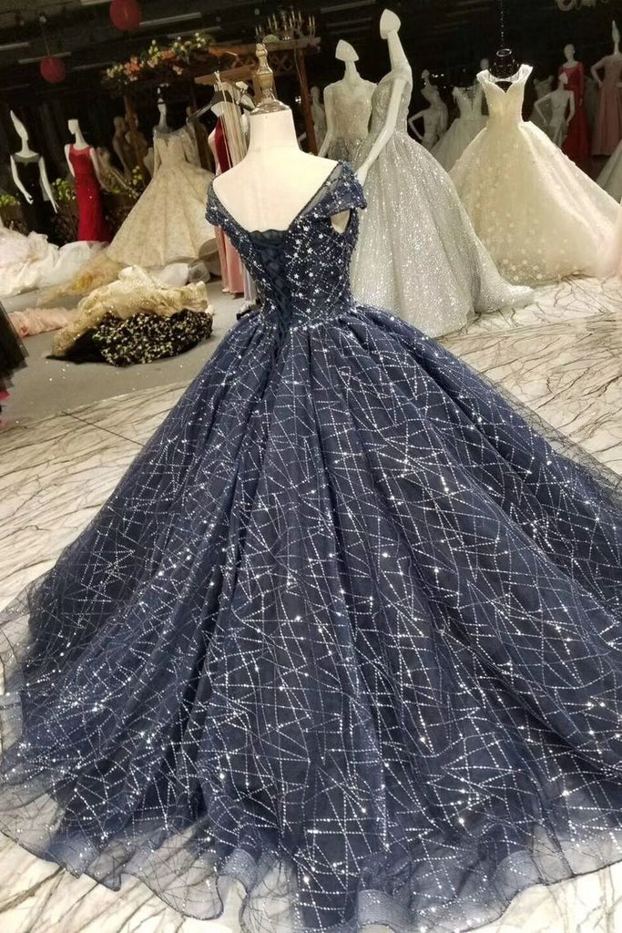 Prom Dress Ball Gown Bateau Cap Sleeves Dark Navy Lace Corset Back ...