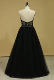 Plus Size Black A Line Prom Dresses Sweetheart Tulle With Applique & Beads Floor Length