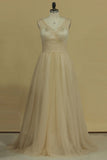 A Line V Neck Open Back Bridesmaid Dresses Ruched Bodice Tulle Floor Length