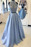 Two Pieces Prom Dresses Satin With Applique Floor Length Lace Bodice