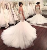Stunning Mermaid Strapless Sweetheart Tulle Wedding Dresses with Appliques, Wedding Gowns SJS15439