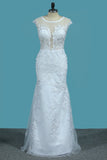 Scoop Open Back Sheath Tulle Wedding Dresses With Applique Chapel Train Detachable