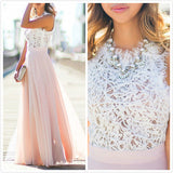 Modest Chiffon Long Blush Pink White Lace A-Line High Neck Floor-Length Prom Dresses JS192