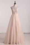 New Arrival Scoop Beaded Bodice Prom Dresses Tulle A Line