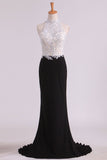 Bicolor Prom Dresses High Neck Sheath With Applique & Beads Sweep/Brush Train