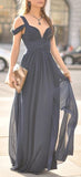 Navy Blue Off-The-Shoulder Long Chiffon Formal With Straps Sleeves Modest Bridesmaid Gown JS77