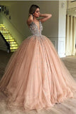 Gorgeous Deep V Neck Prom Dresses Tulle Ball Gown with Beading