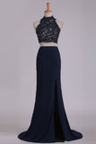 Two-Piece High Neck Open Back Sheath Prom Dresses Spandex With Beads And Applique