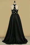 A Line High Neck Satin With Beading Sweep Train Prom Dresses