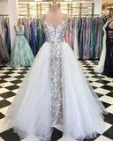 Sheath Spaghetti Straps White Detachable Train Prom Dress with Appliques, Quinceanera Dresses SJS15373