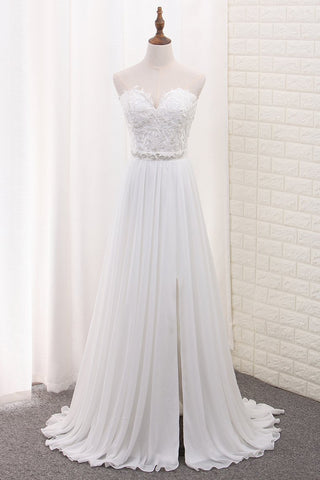 A Line Chiffon Sweetheart Wedding Dresses With Applique And Slit