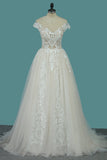 A Line Tulle Wedding Dresses Scoop Cap Sleeve With Applique