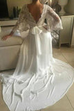 Chiffon 3/4 Length Sleeves Wedding Dresses V Neck Open Back With Applique