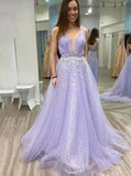 Elegant A Line Long Prom Dress Appliques Tulle Deep V Neck Party Dresses