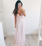 Elegant A-line V-neck Long Chiffon Baby Pink Long Prom Dress Evening Dresses JS859