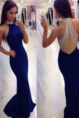 New Arrival Prom Dresses Mermaid Halter Spandex Zipper Up With Beadings
