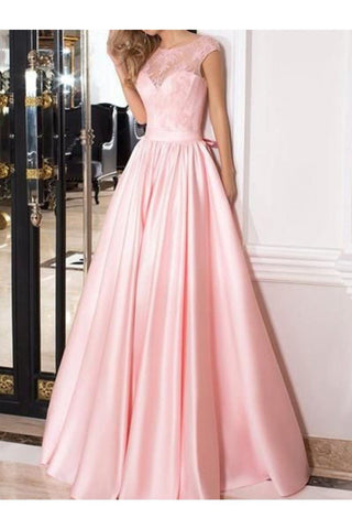 A-Line/Princess Sleeveless Sheer Neck Floor-Length Lace Satin Dresses