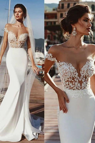 Stunning Mermaid Cap Sleeve Sheer Neck Long Wedding Dresses Beach Wedding Gowns SJS15437