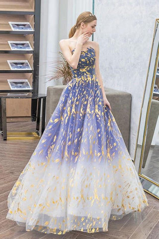 Charming Ombre Puffy Strapless Sparkly Prom Dress, Sexy Long Sleeveless Party Dresses SJS15118