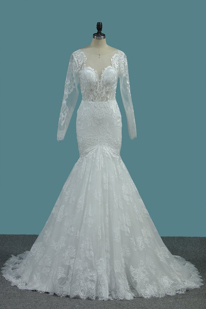 Tulle Mermaid Wedding Dresses Scoop Long Sleeves With Applique