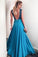 Elegant Blue Satin V Neck Open Back Sleeveless Prom Dresses