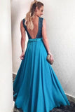 Elegant Blue Satin V Neck Open Back Sleeveless Prom Dresses