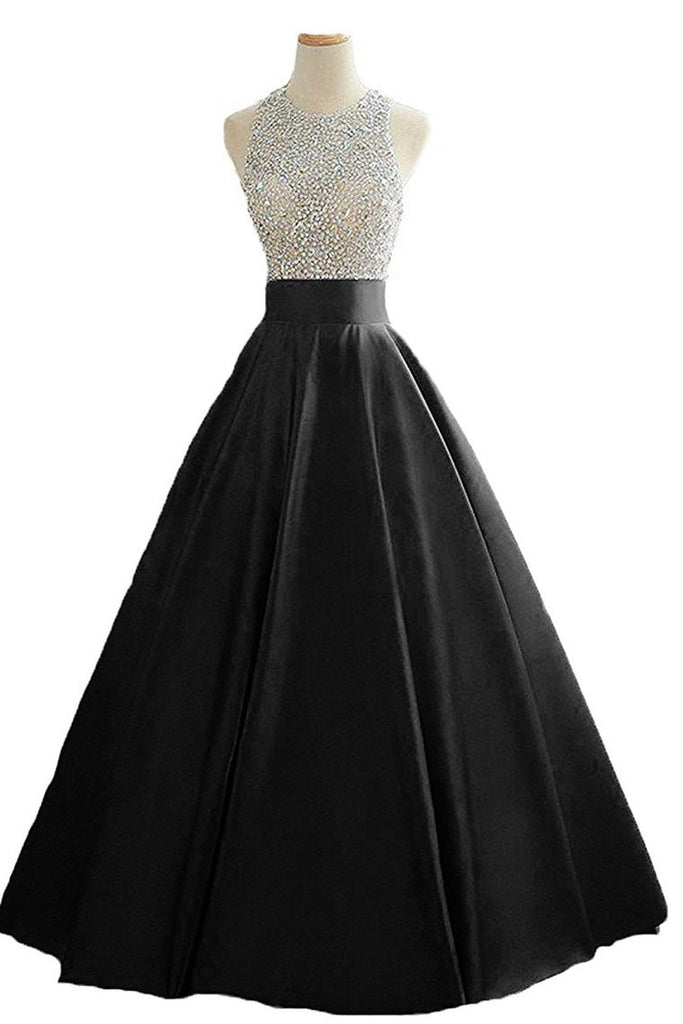 Open Back Scoop Beaded Bodice Prom Dresses A Line Satin