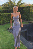 Gray Silk Spaghetti Straps V-neck Sleeveless Party Dresses Long Prom Dresses