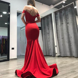 Mermaid Red Off the Shoulder Red Long Prom Dresses Backless Evening Dresses
