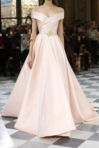 Elegant pink satins off-shoulder A-line long evening dress for prom