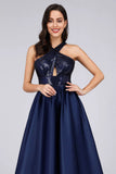Cold Shoulder Sequin Navy Blue Prom Dresses Backless Satin Long Evening Dresses SJS15132