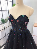 Elegant A Line Sweetheart Strapless Black Tulle Prom Dresses with Beading SJS15578