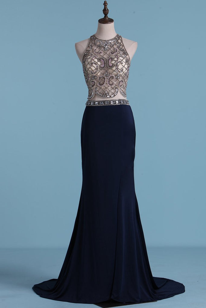 Two Pieces Prom Dresses Sheath With Beading And Slit Sweep Train