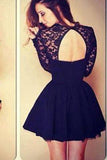 Sexy Ball Gown High Neck Long Sleeves Lace Backless Black Short Homecoming Dress JS994