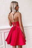 Simple Red Satin Sweetheart Strapless Homecoming Dresses Above Knee Short Prom Dresses SJS14982