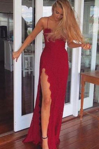 2024 A-Line Red Long Sheath Lace Spaghetti Straps Split Front Sweetheart Prom Dresses JS481