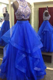 Royal Blue Two Piece Beaded Bodice Tulle Skirt Ball Gown Halter Sleeveless Prom Dresses JS224