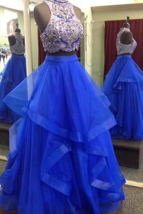 Royal Blue Two Piece Beaded Bodice Tulle Skirt Ball Gown Halter Sleeveless Prom Dresses JS224