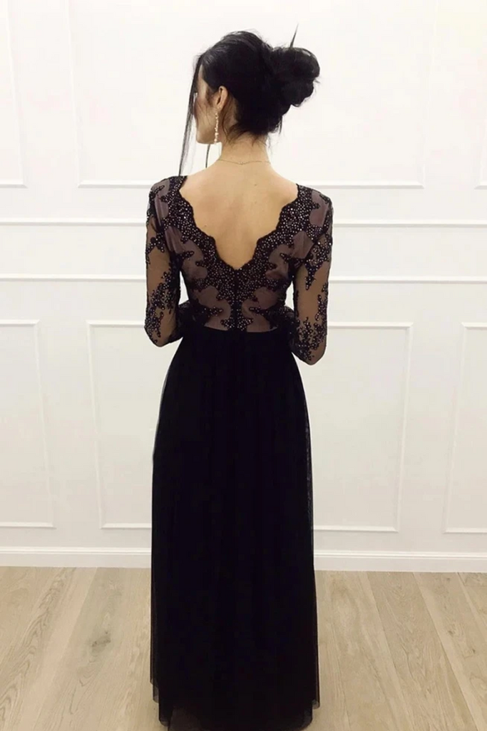 A-Line Long Sleeves Tulle Floor Length Black Prom Dress SJSP4DAY74D